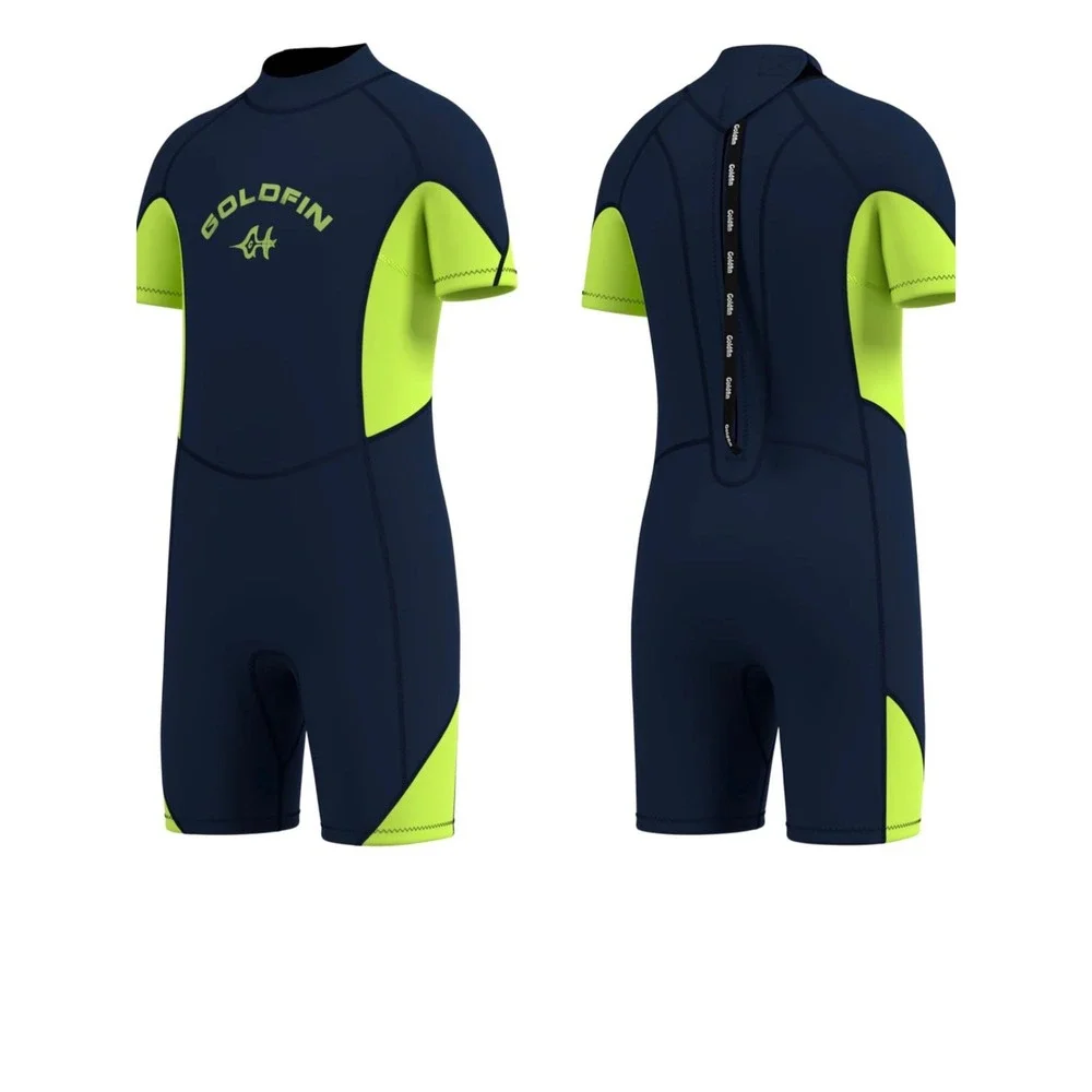 Goldfin Wetsuit Shorty Youth 8 Navy Blue Neon Yellow Excellent Back Zip Neoprene